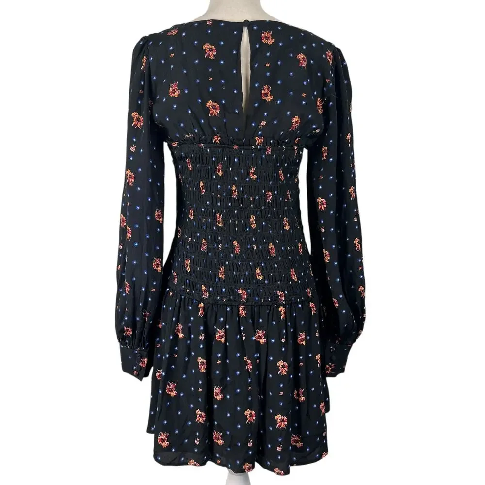 Free People Two Faces Mini Dress Black Floral Smocked‎ Long Sleeve Size S